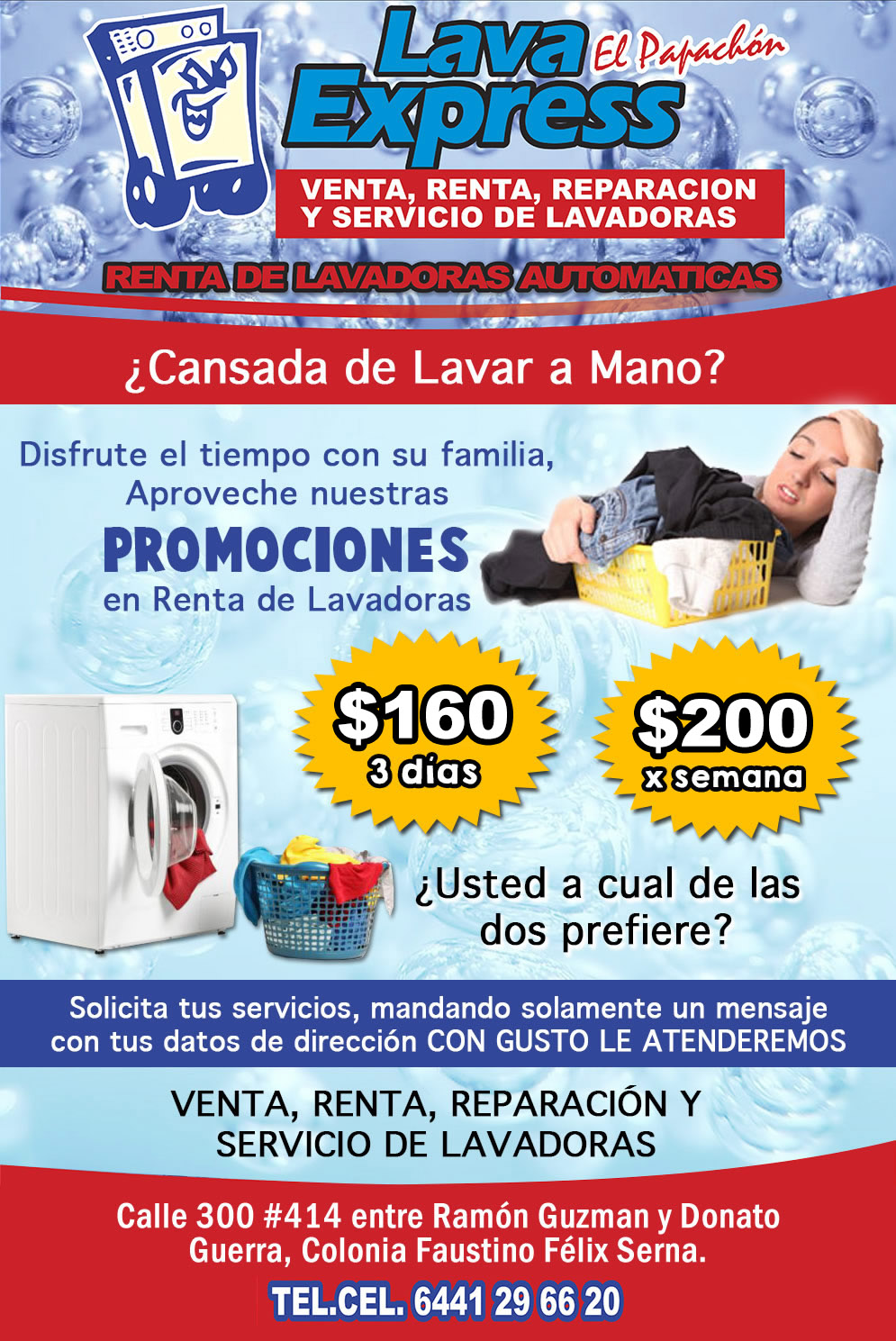 Lava Express El Papachon-Renta de Lavadoras Automáticas, Venta, Reparación Servicio de Lavadoras  y Secadoras.     